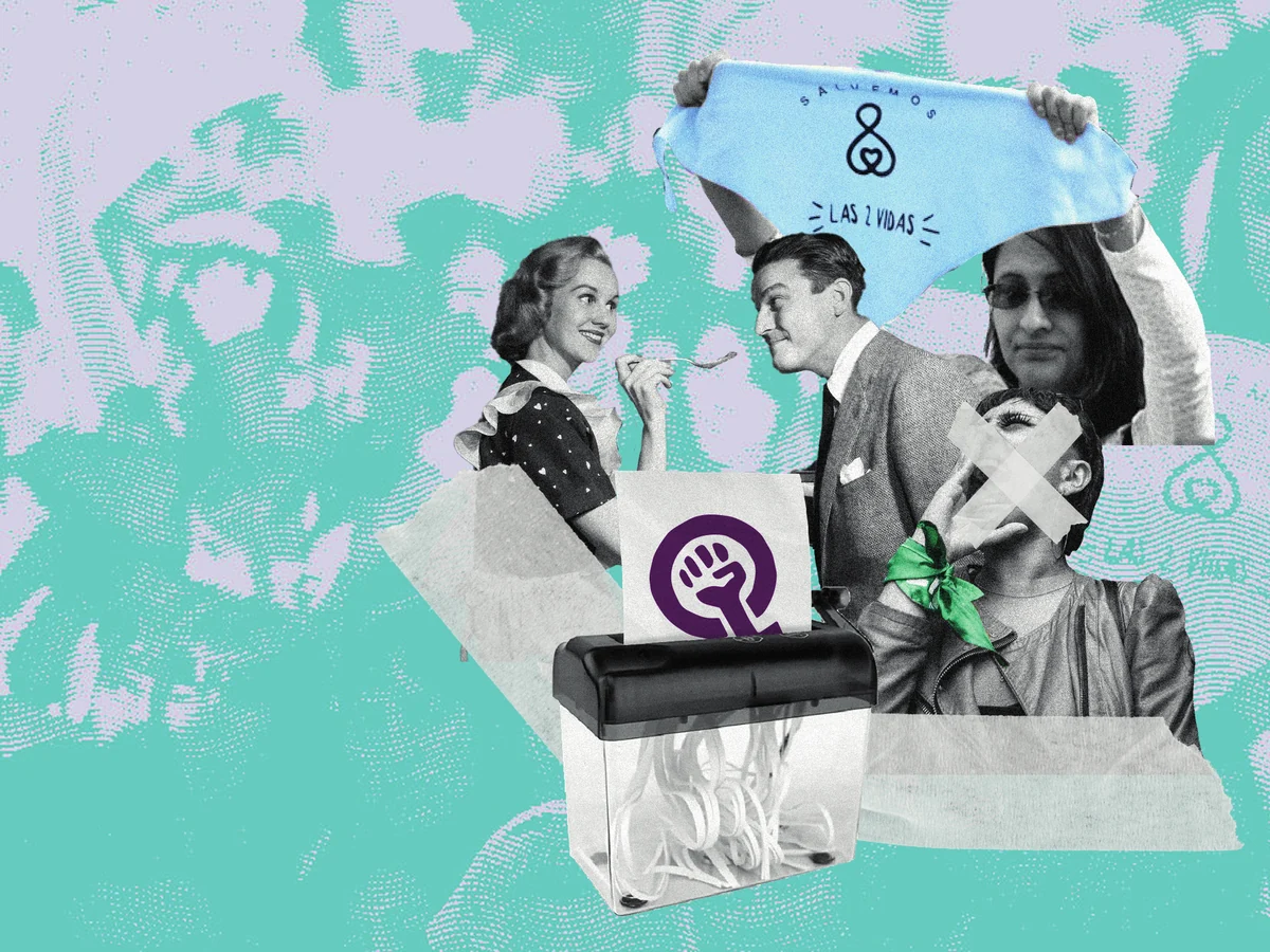 Collage sobre roles de género y movilización feminista, con manifestantes y un símbolo feminista en una trituradora.