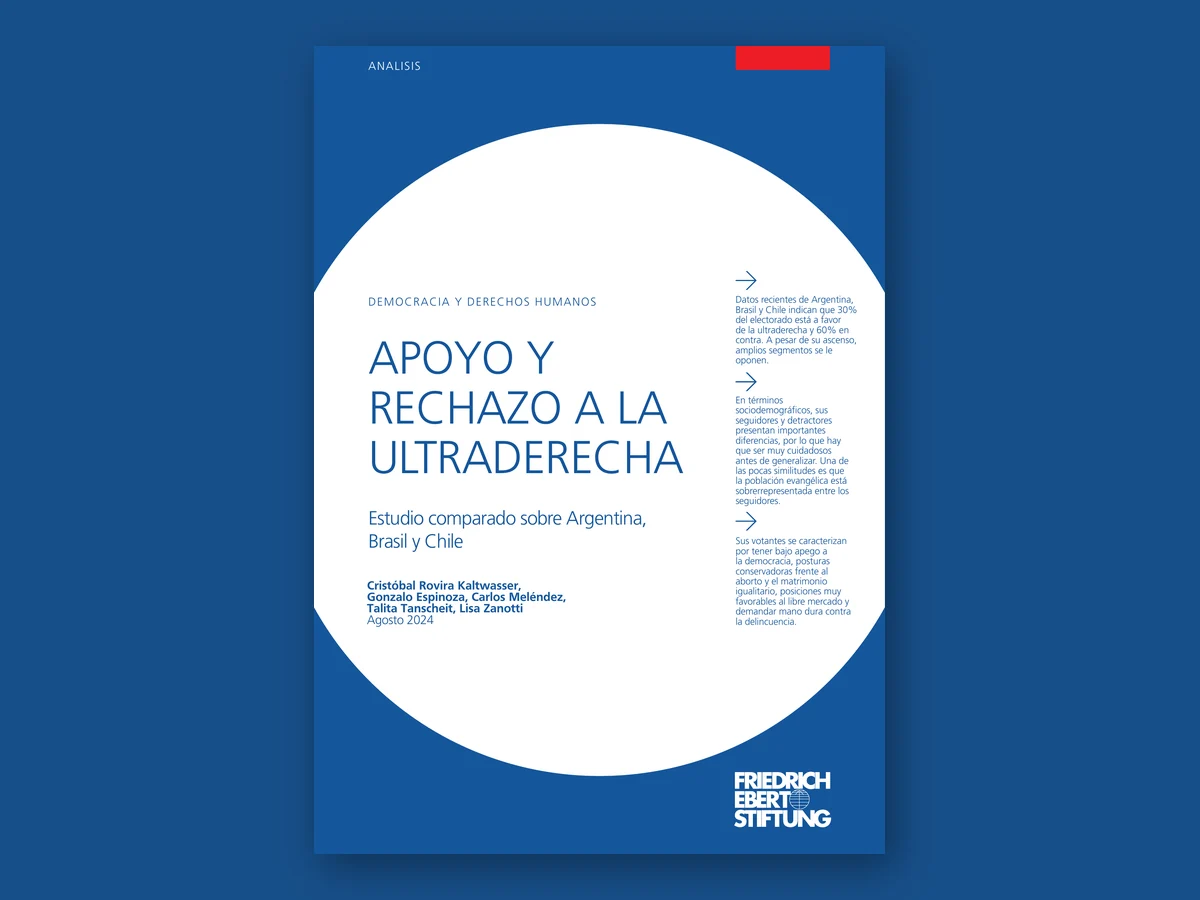Portada azul y blanca del estudio comparado sobre apoyo y rechazo a la ultraderecha en Argentina, Brasil y Chile.