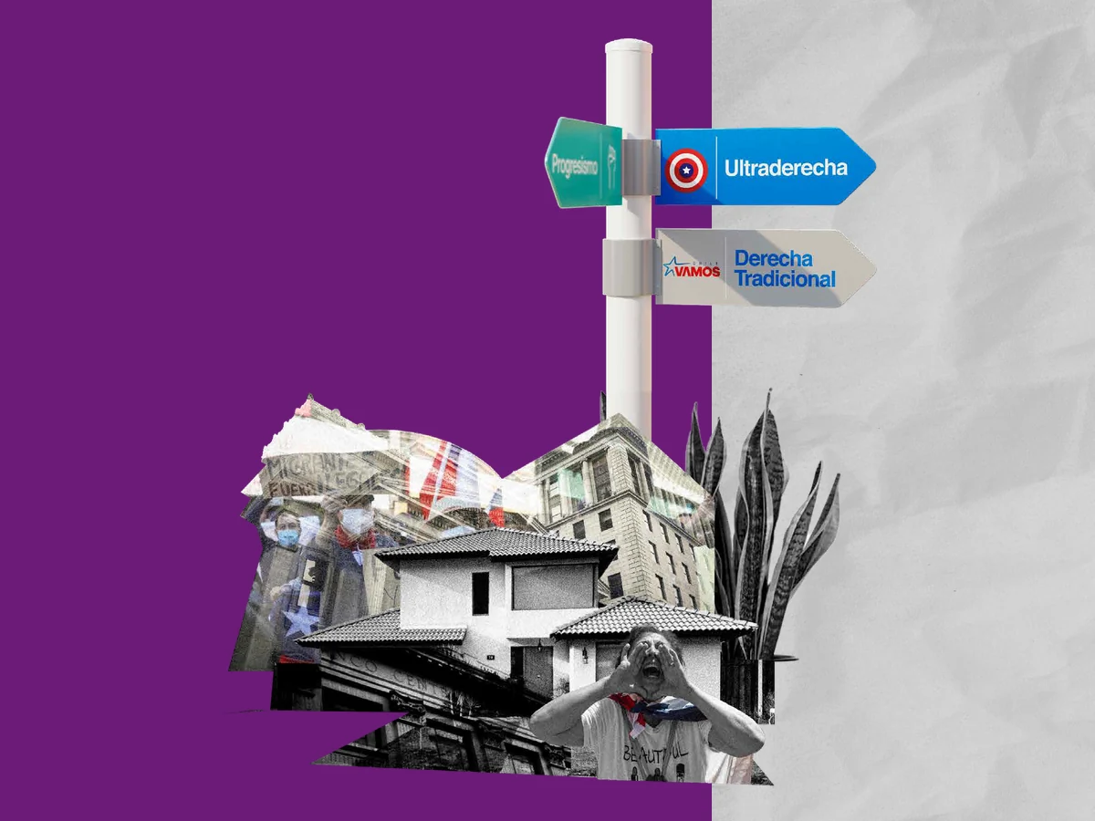 Collage de edificios y personas bajo señales que apuntan a la ultraderecha, la derecha tradicional y el progresismo.